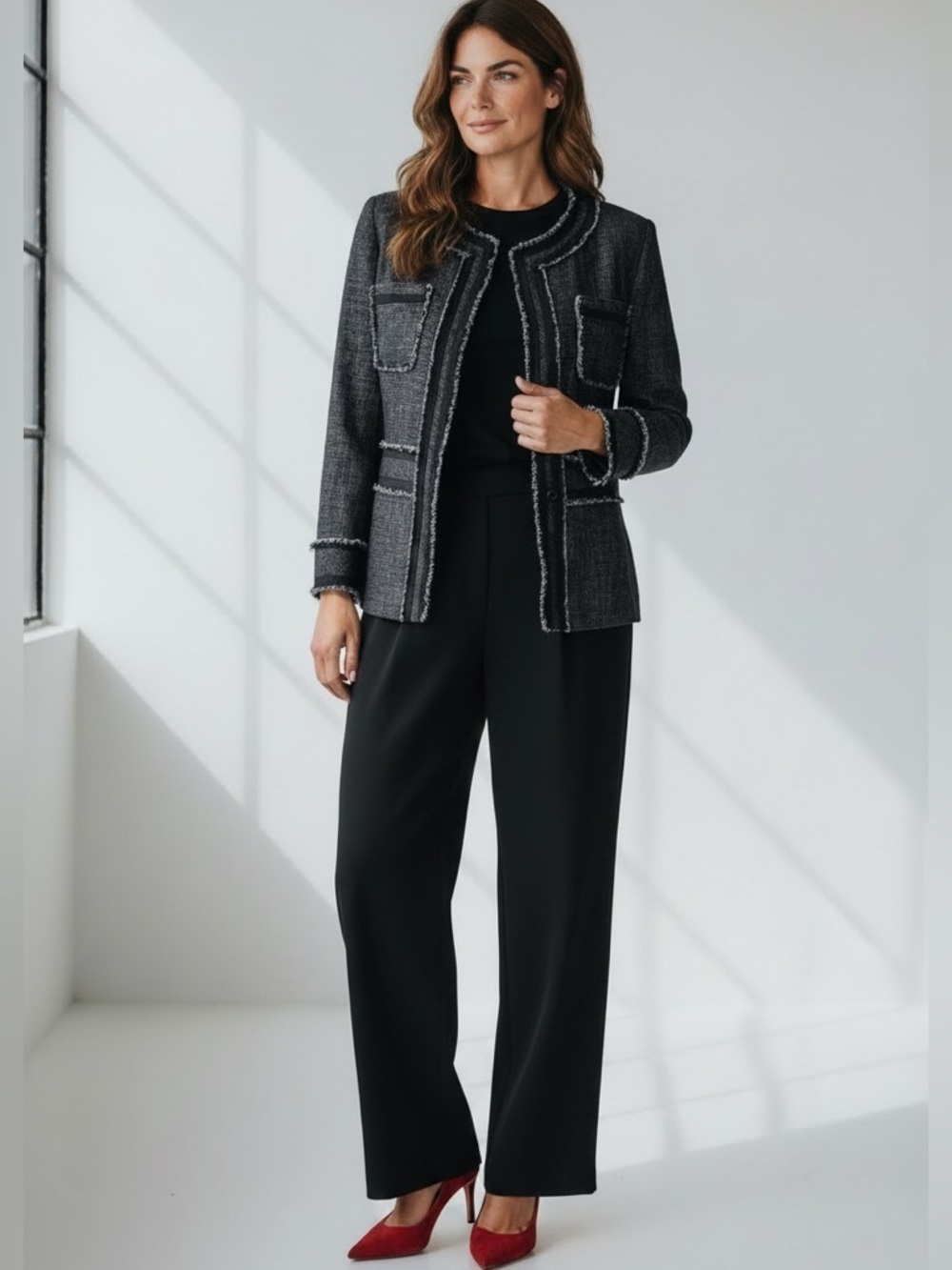Lafayette 148 Jacket Black Collarless Fringe Linen 14 - Picture 3 of 10